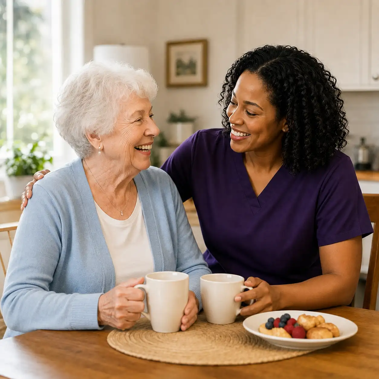 Two women smiling and holding coffee cups, one of them is an elderly caregiver.